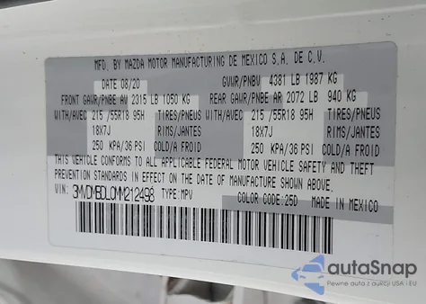 2021 Mazda Cx-30 Premium z USA, uszkodzony, nr VIN 3MVDMBDL0MM212498